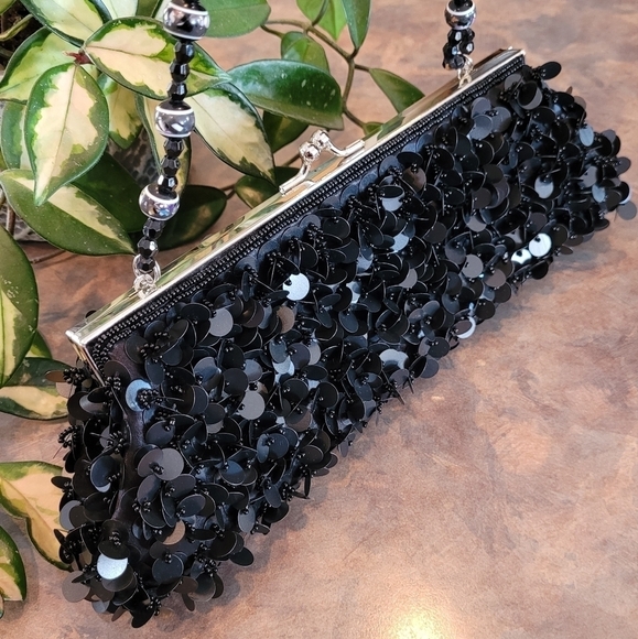 Handbags - SEQUIN EVENING BAG With Kiss Lock Closure and Detailed Beaded Strap